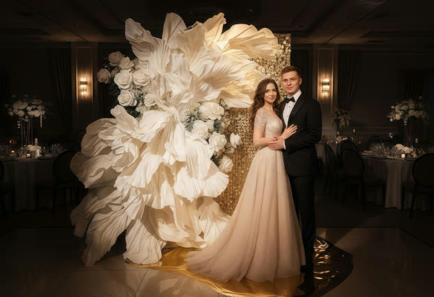 Photocall decorado con flores gigantes de tela