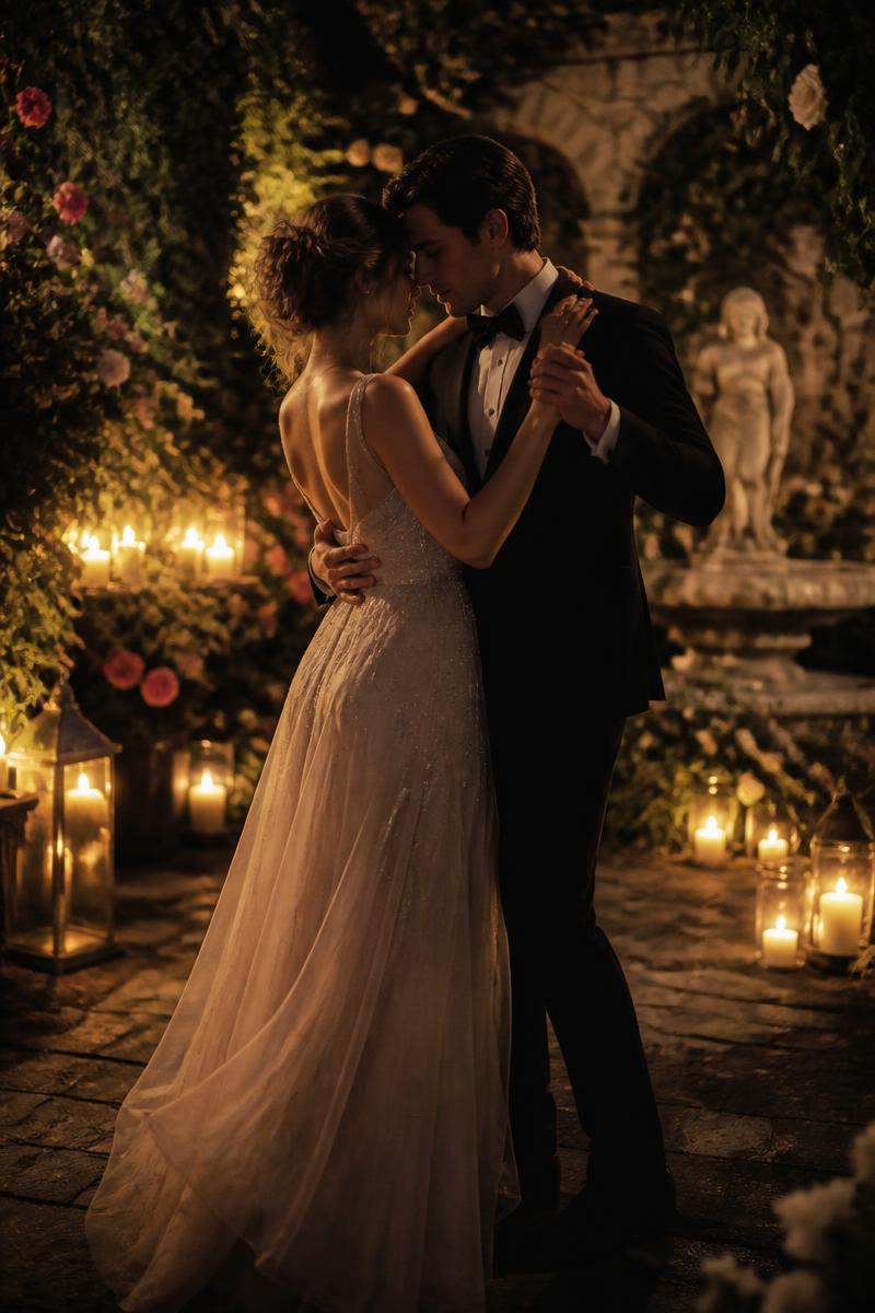 Pareja bailando en un jardín iluminado por velas