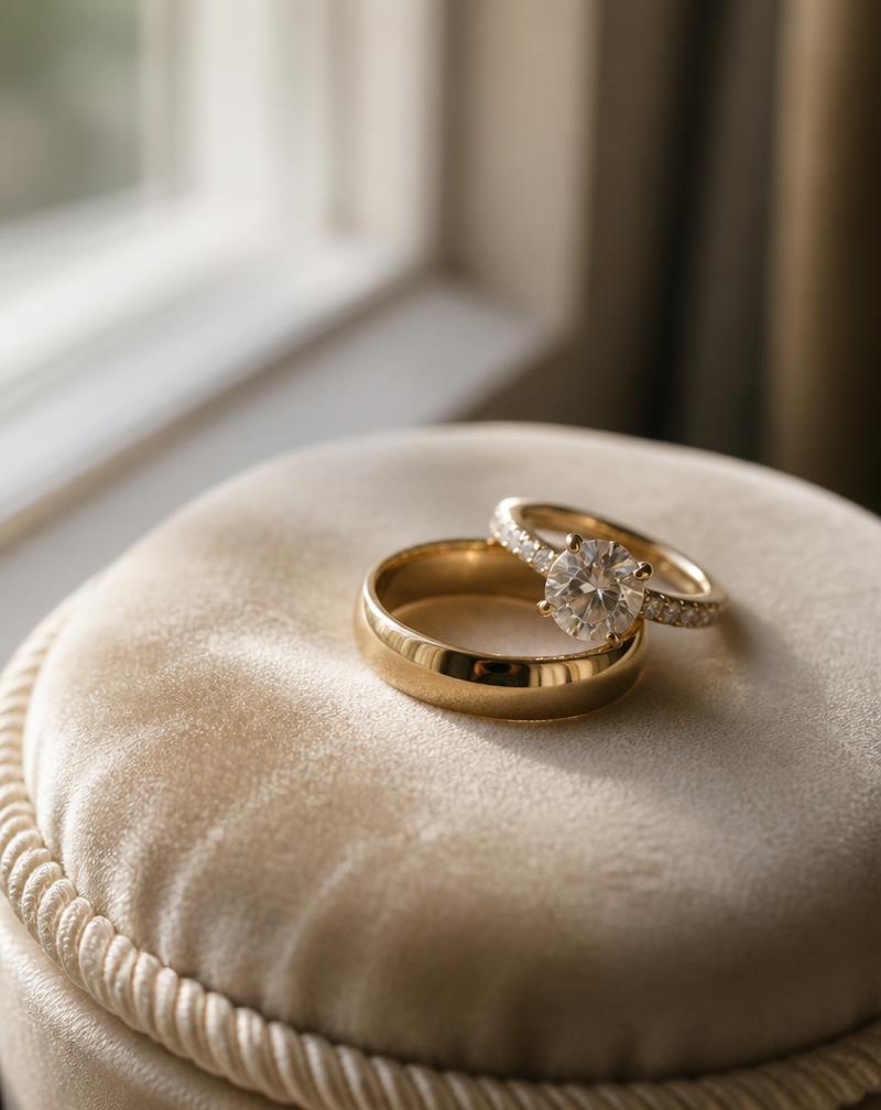 Anillos de boda sobre cojín de terciopelo